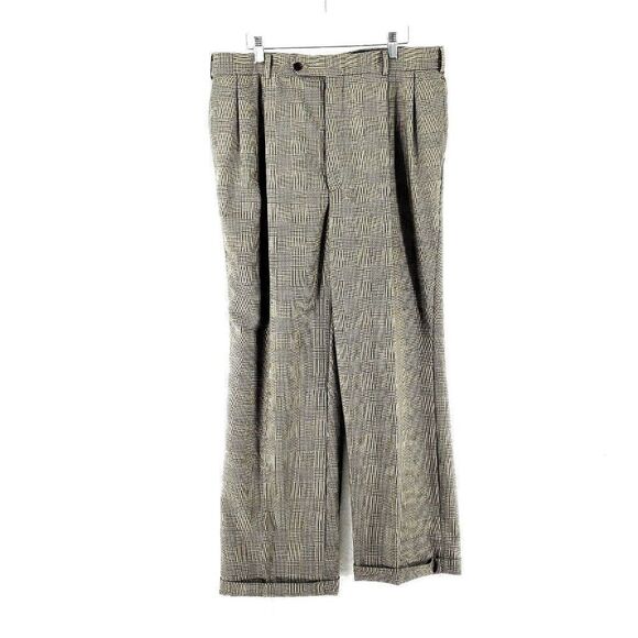 Nautica Worsted Wool Glen Plaid Tan Black High Rise Pleat Cuff Dress Pants 35/28 - Picture 1 of 5